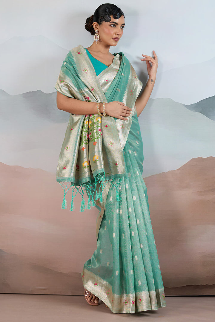 Bright Turquoise Paithani Tissue Silk Saree