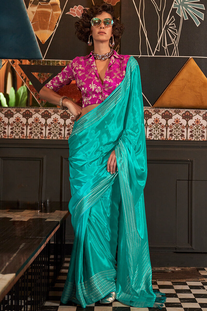 Bright Turquoise Soft Banarasi Viscose Saree