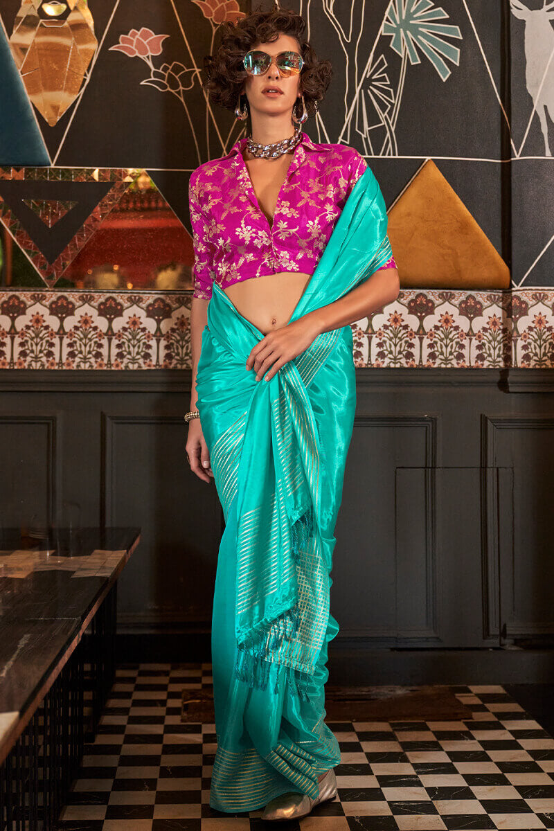 Bright Turquoise Soft Banarasi Viscose Saree