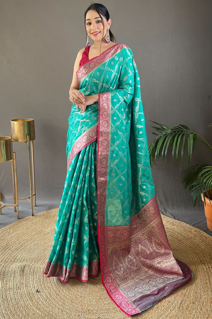 Bright Turquoise Zari Woven Banarasi Silk Saree