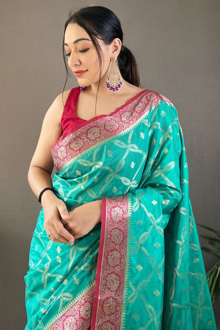 Bright Turquoise Zari Woven Banarasi Silk Saree