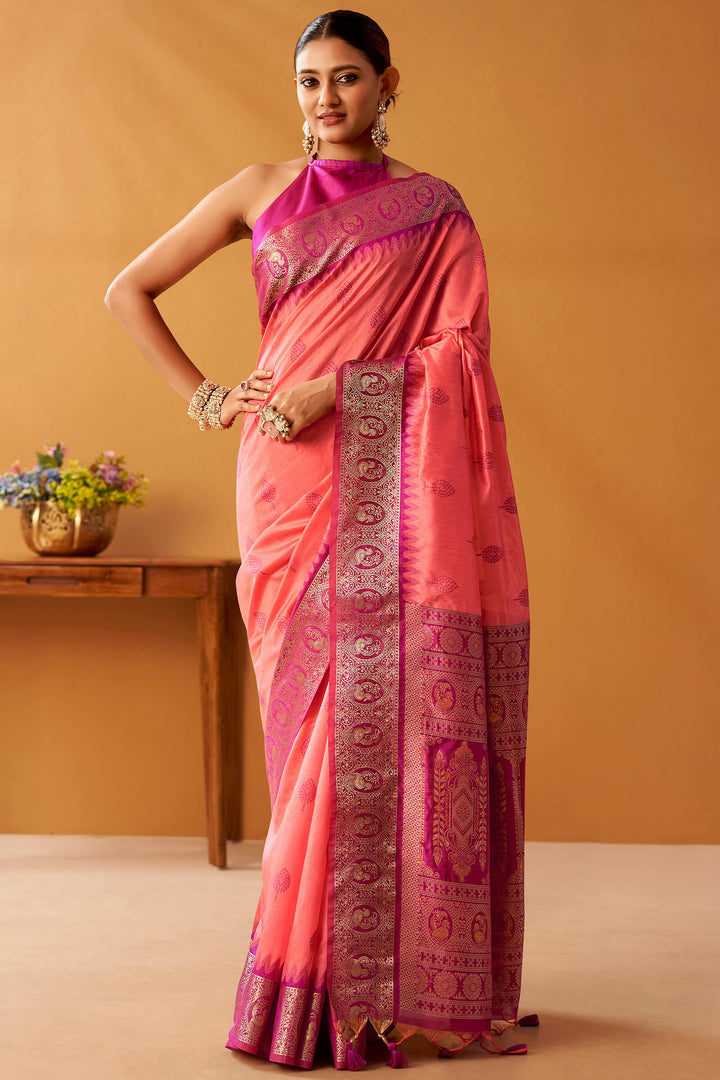 Brink Pink Cotton Modal Silk Saree with Pochampally Border and Pallu