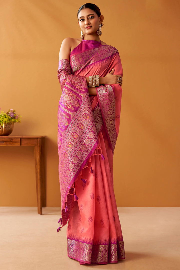 Brink Pink Cotton Modal Silk Saree with Pochampally Border and Pallu