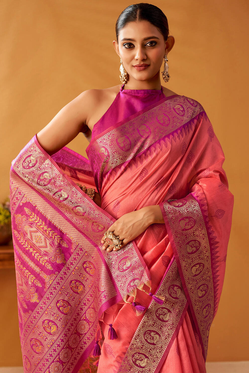 Brink Pink Cotton Modal Silk Saree with Pochampally Border and Pallu