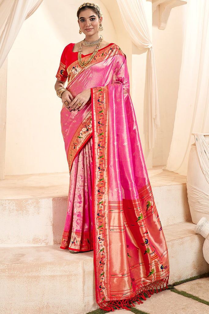 Brink Pink Paithani Tissue Silk Saree