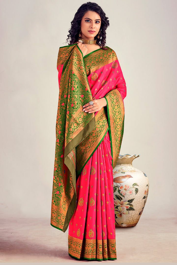 Brink Pink Soft Banarasi Silk Saree