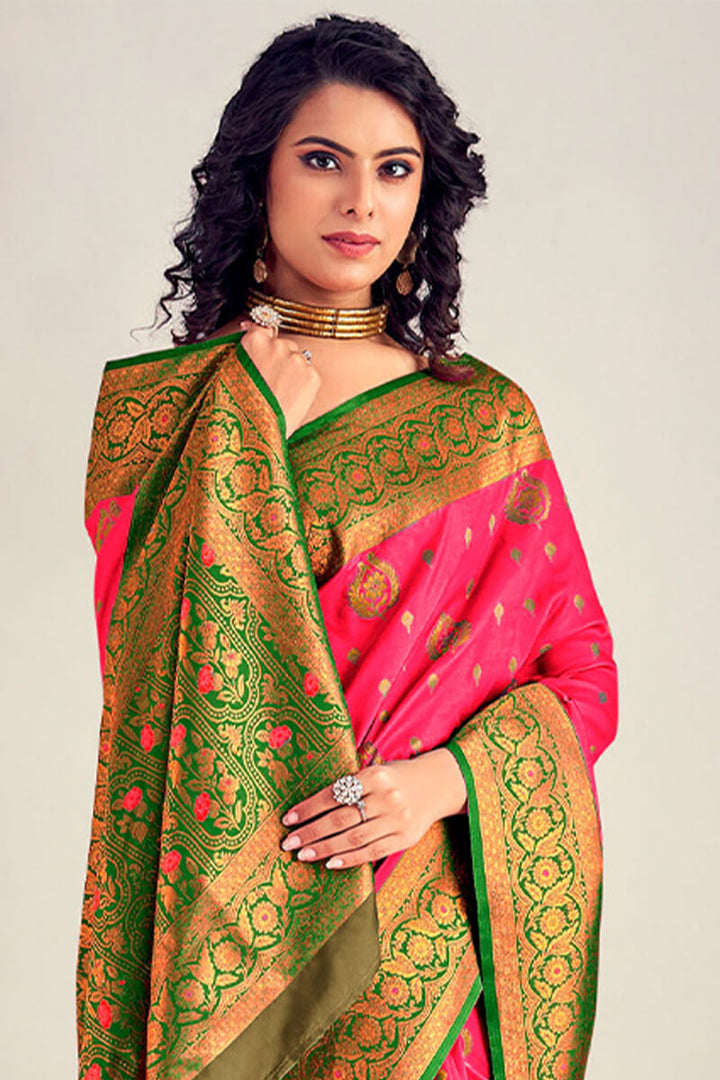 Brink Pink Soft Banarasi Silk Saree