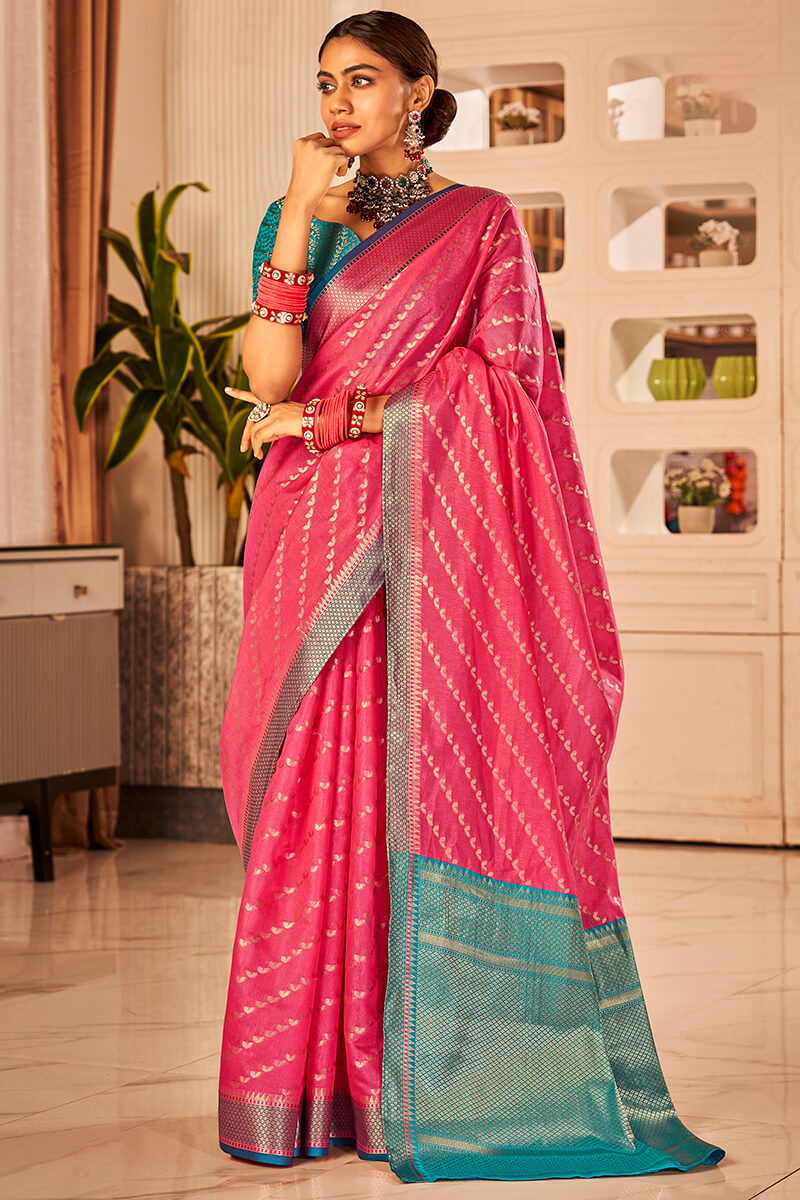 Brink Pink Zari Woven Banarasi Silk Saree
