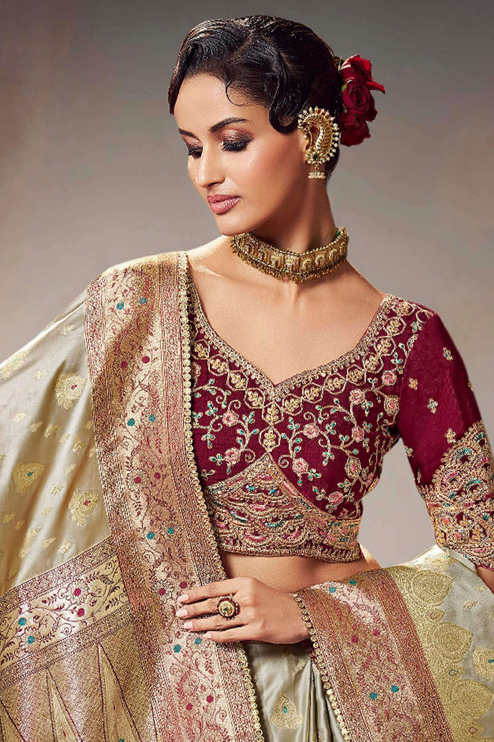 Bronco Beige Banarasi Satin Silk Saree With Fancy Lace Border and Embroidery Blouse