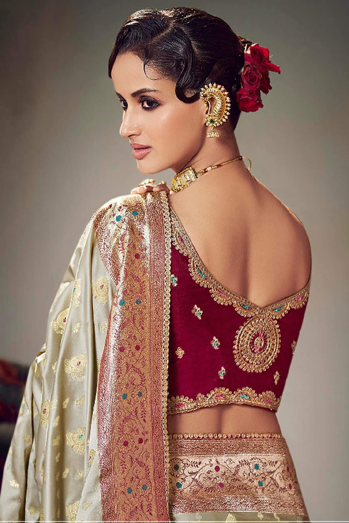 Bronco Beige Banarasi Satin Silk Saree With Fancy Lace Border and Embroidery Blouse