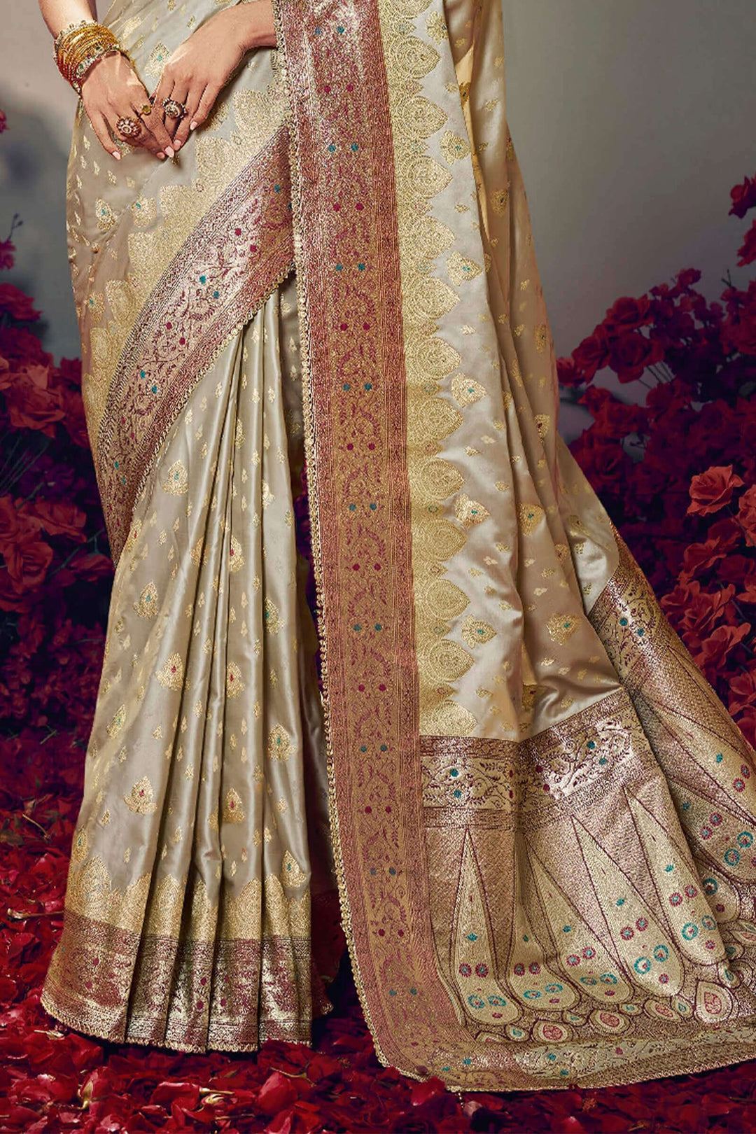 Bronco Beige Banarasi Satin Silk Saree With Fancy Lace Border and Embroidery Blouse