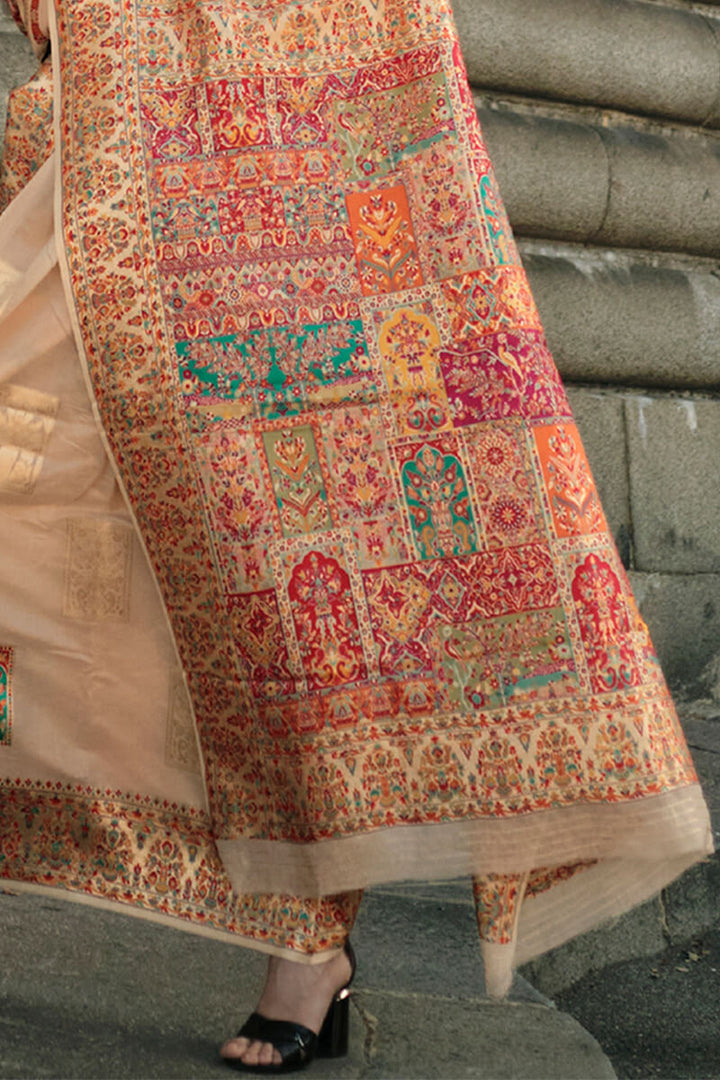 Bronco Beige Kashmiri Weaving Pashmina Silk Saree