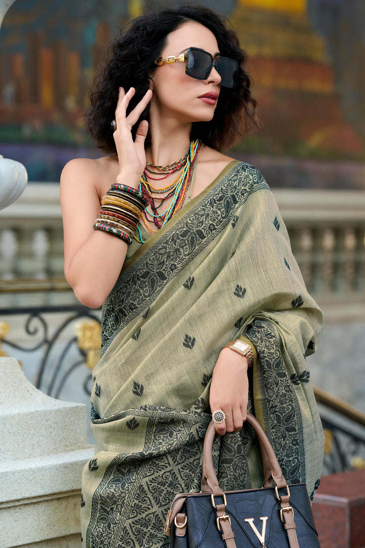 Bronco Beige Linen Tissue Silk Saree
