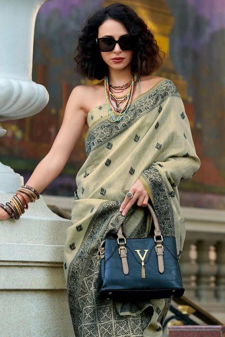 Bronco Beige Linen Tissue Silk Saree