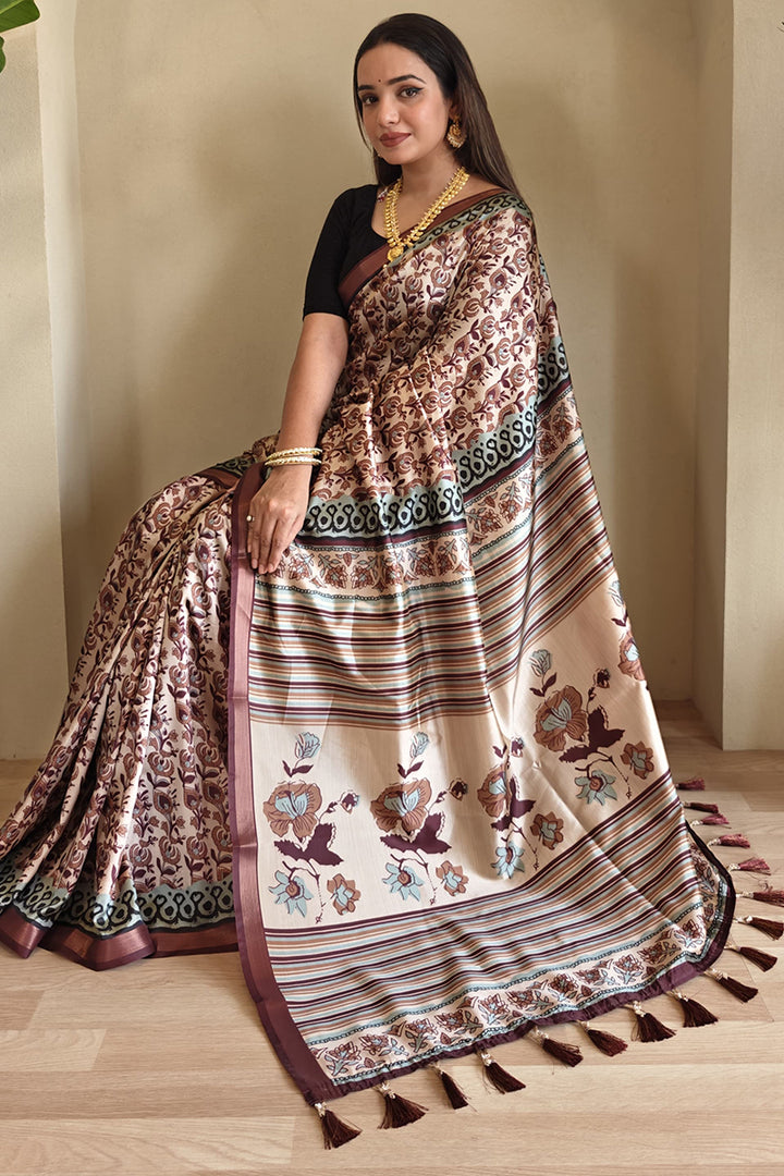 Bronze Brown Printed Viscos Dola Silk Saree