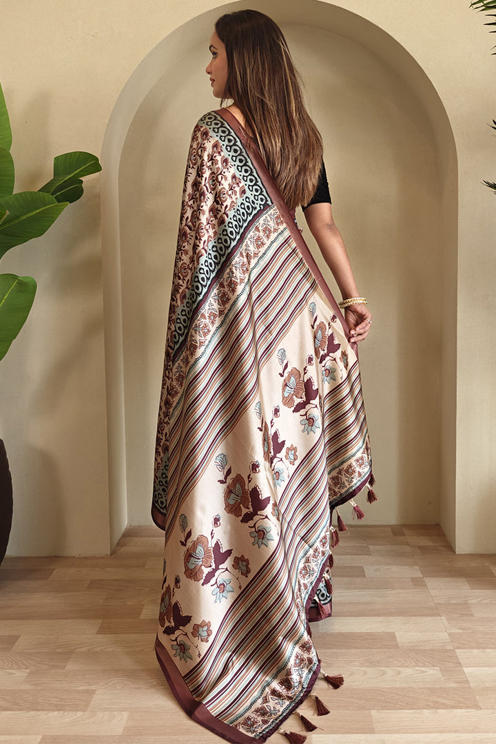 Bronze Brown Printed Viscos Dola Silk Saree