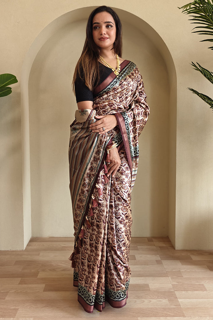Bronze Brown Printed Viscos Dola Silk Saree
