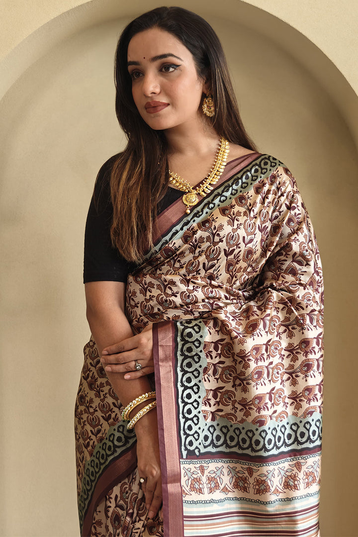 Bronze Brown Printed Viscos Dola Silk Saree