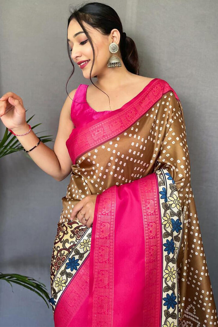 Brown and Beige Bandhej Printed Silk Saree