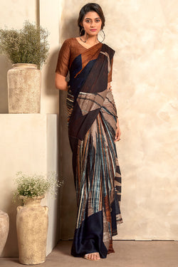 Brown and Black Printed Soft Satin Silk Saree