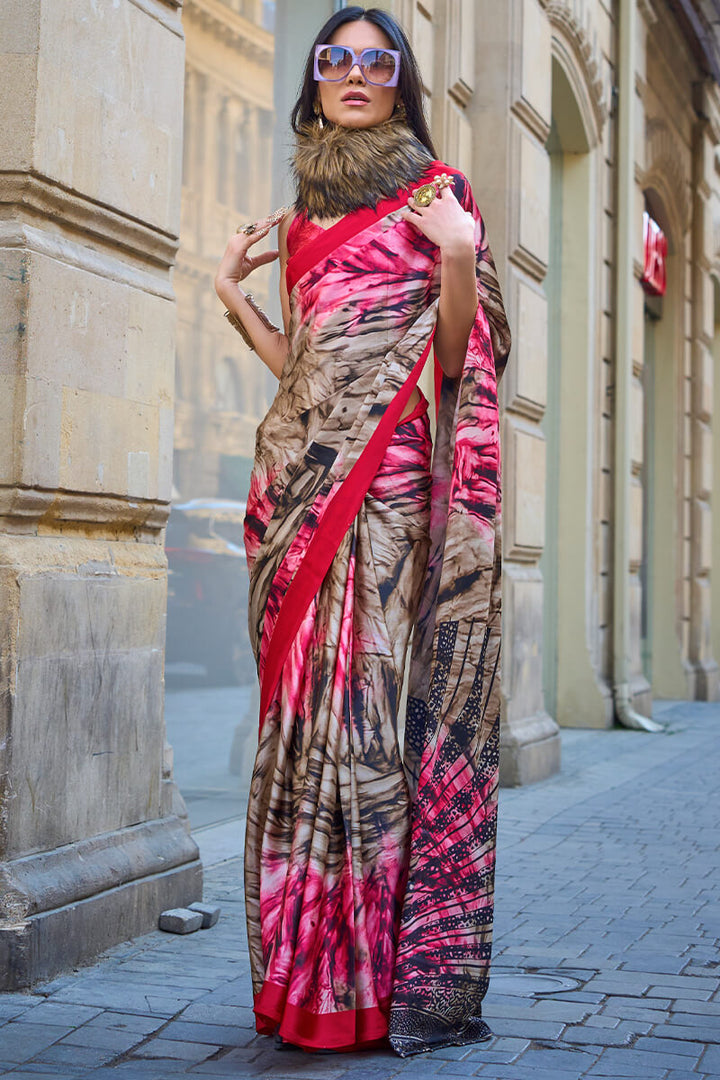 Brown and Pink Printed Satin Silk Saree