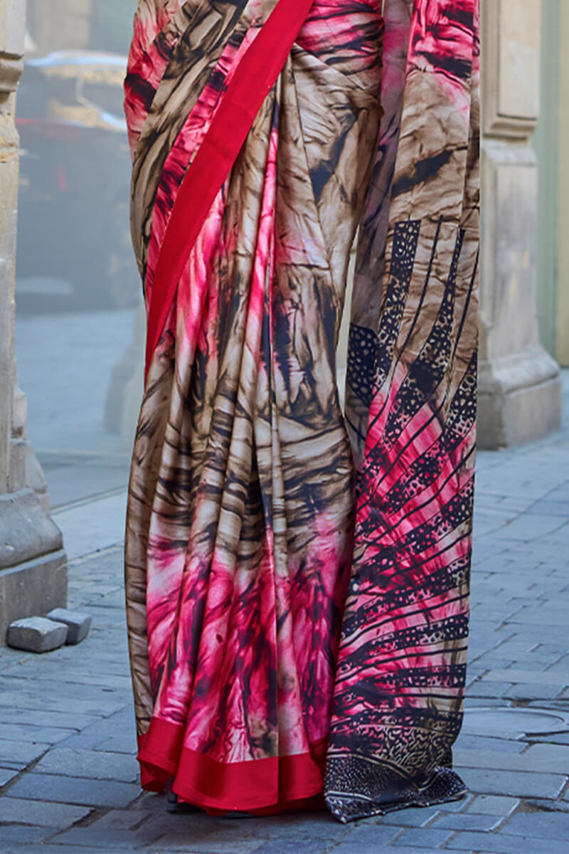 Brown and Pink Printed Satin Silk Saree