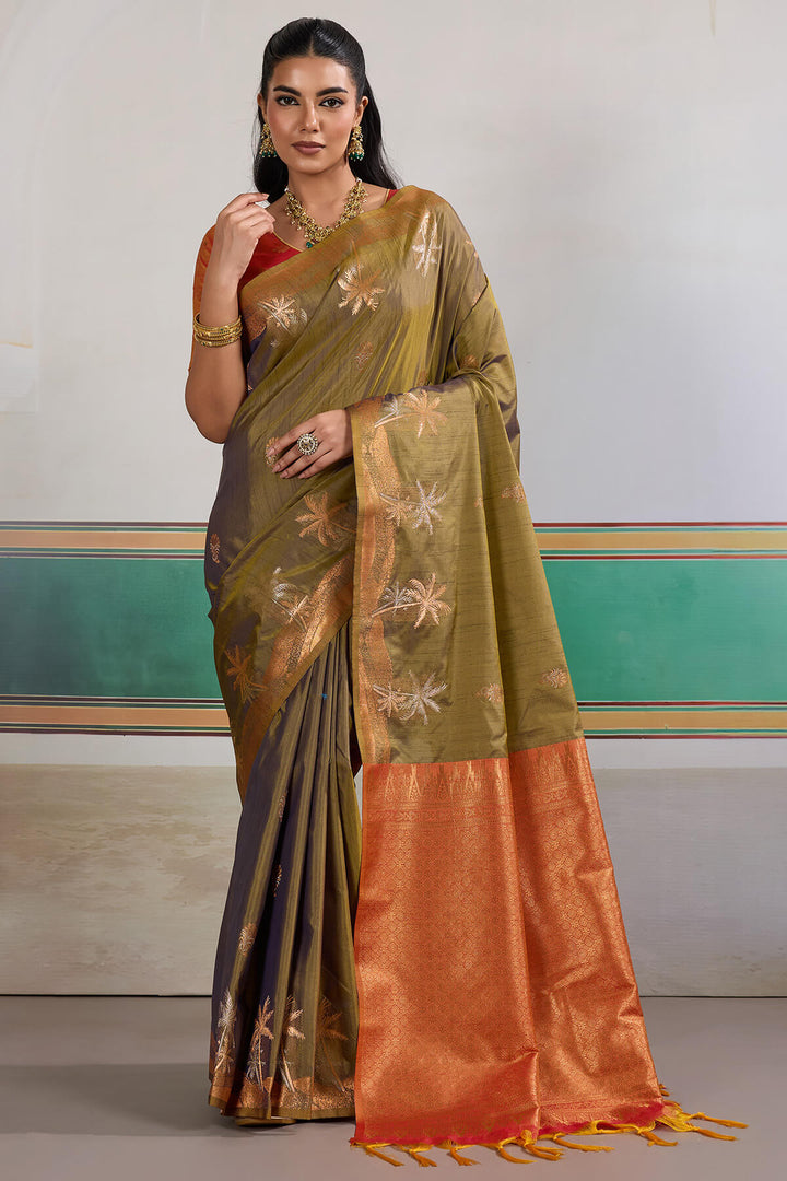 Brownish Green Banarasi Tussar Silk Saree