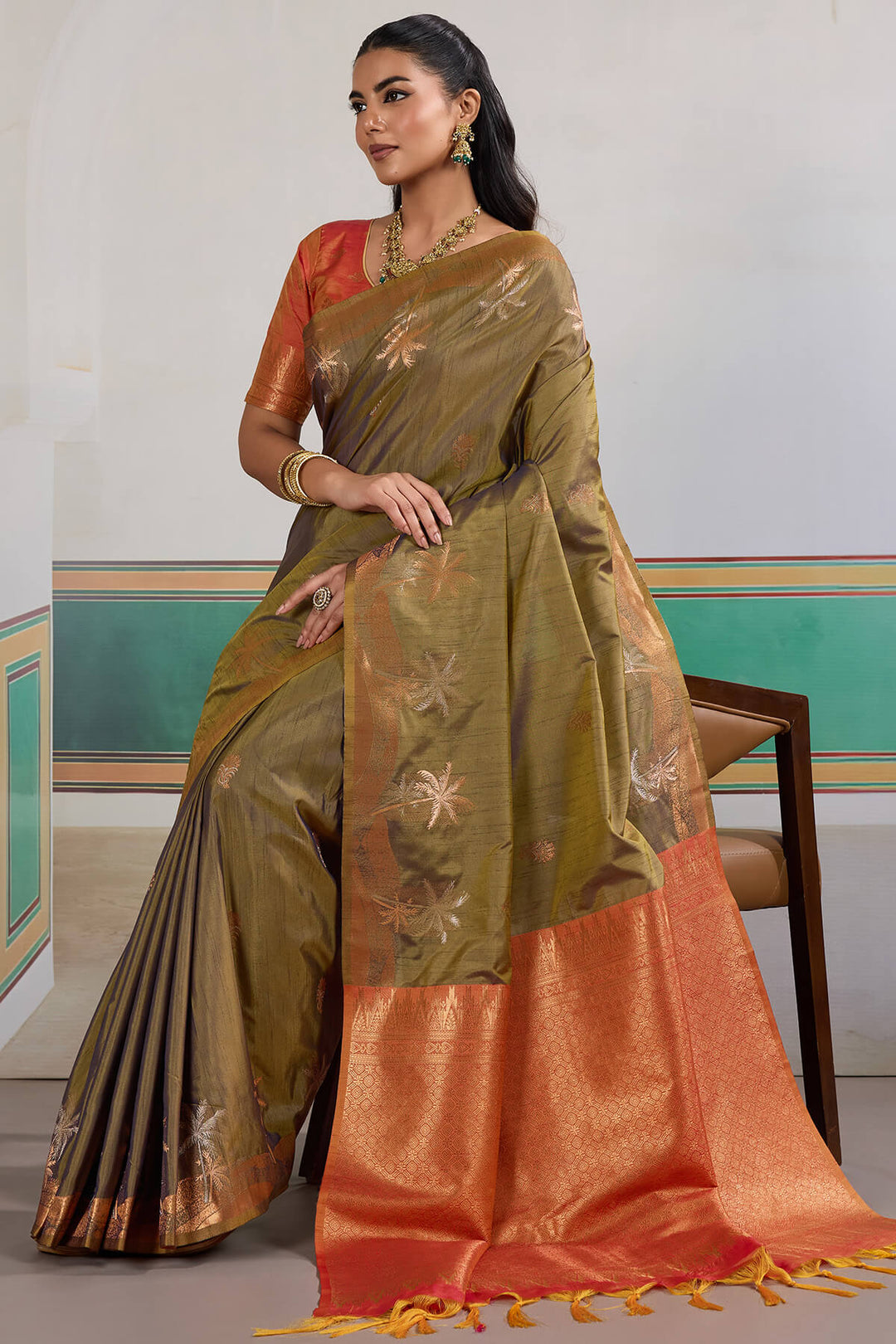 Brownish Green Banarasi Tussar Silk Saree