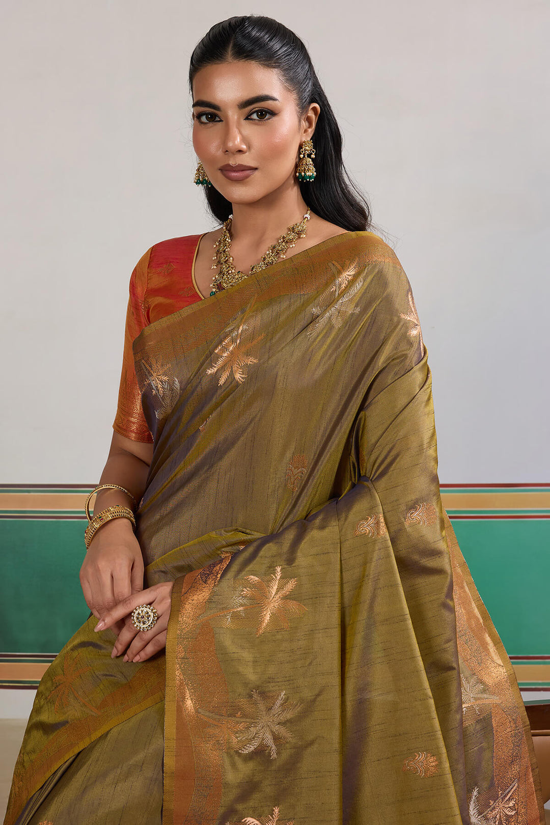 Brownish Green Banarasi Tussar Silk Saree