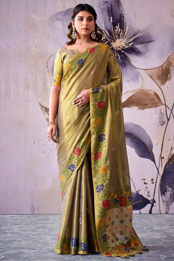 Brownish Green Zari Woven Banarasi Tissue Silk Saree