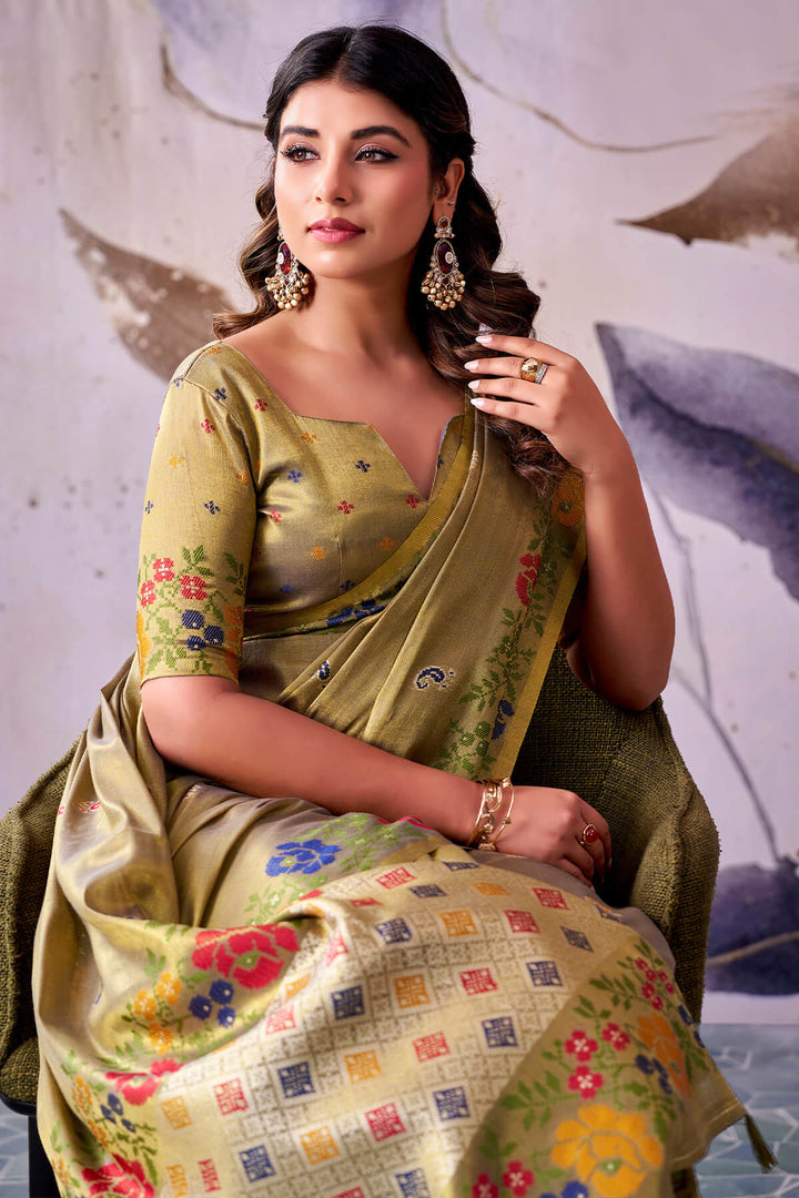 Brownish Green Zari Woven Banarasi Tissue Silk Saree