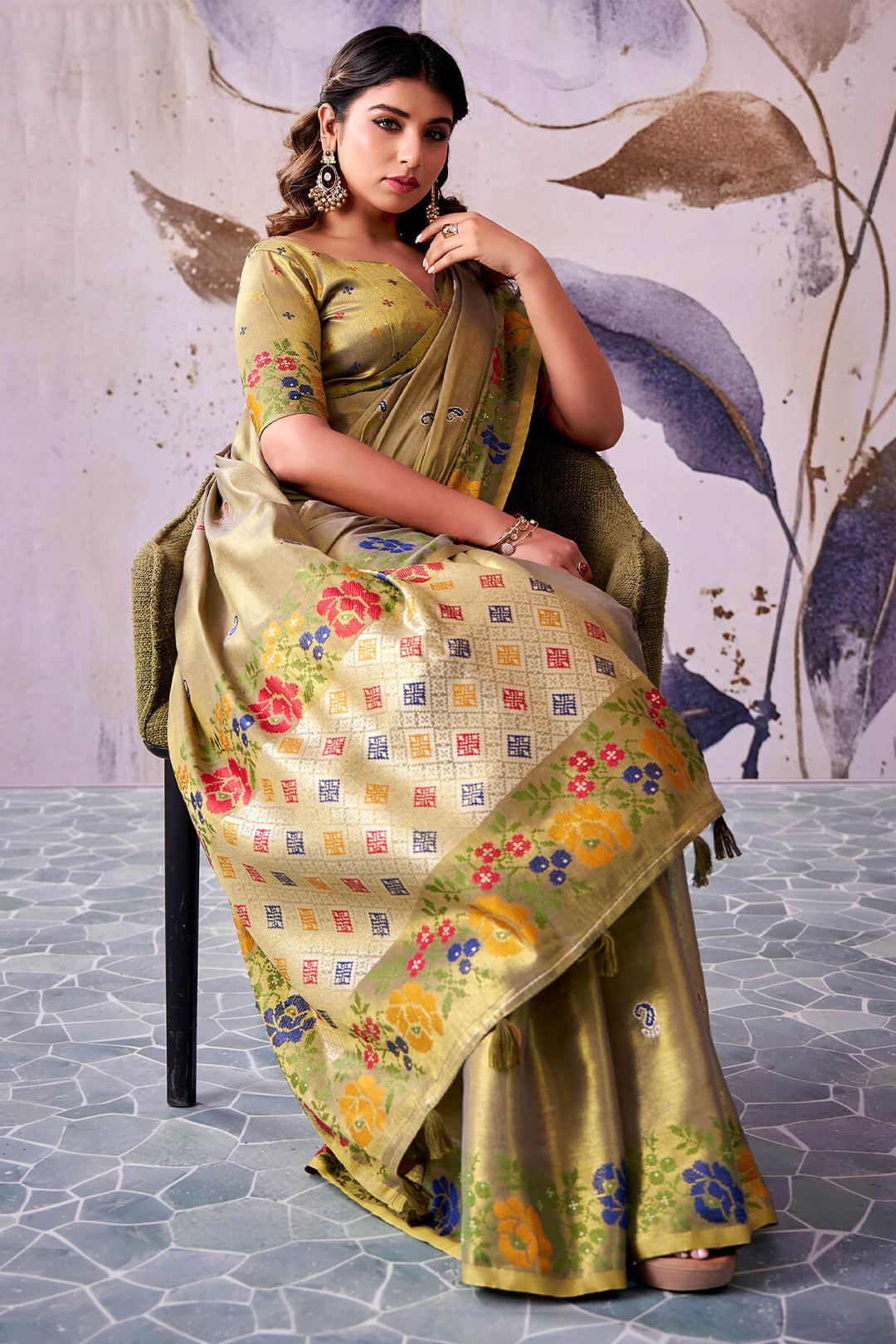 Brownish Green Zari Woven Banarasi Tissue Silk Saree