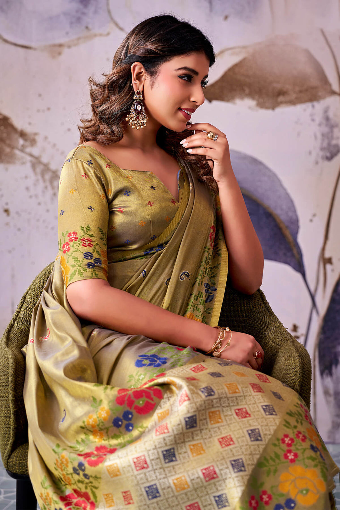 Brownish Green Zari Woven Banarasi Tissue Silk Saree