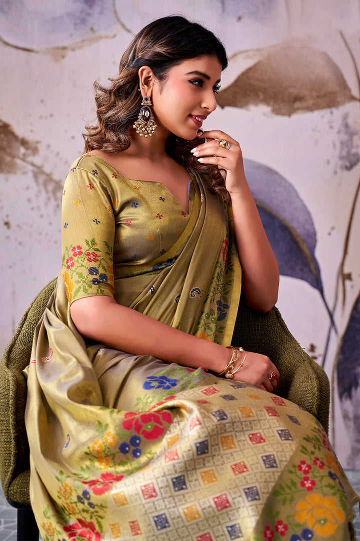 Brownish Green Zari Woven Banarasi Tissue Silk Saree