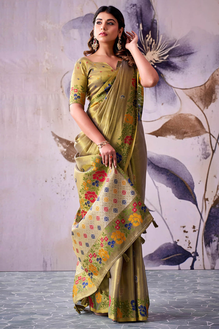 Brownish Green Zari Woven Banarasi Tissue Silk Saree