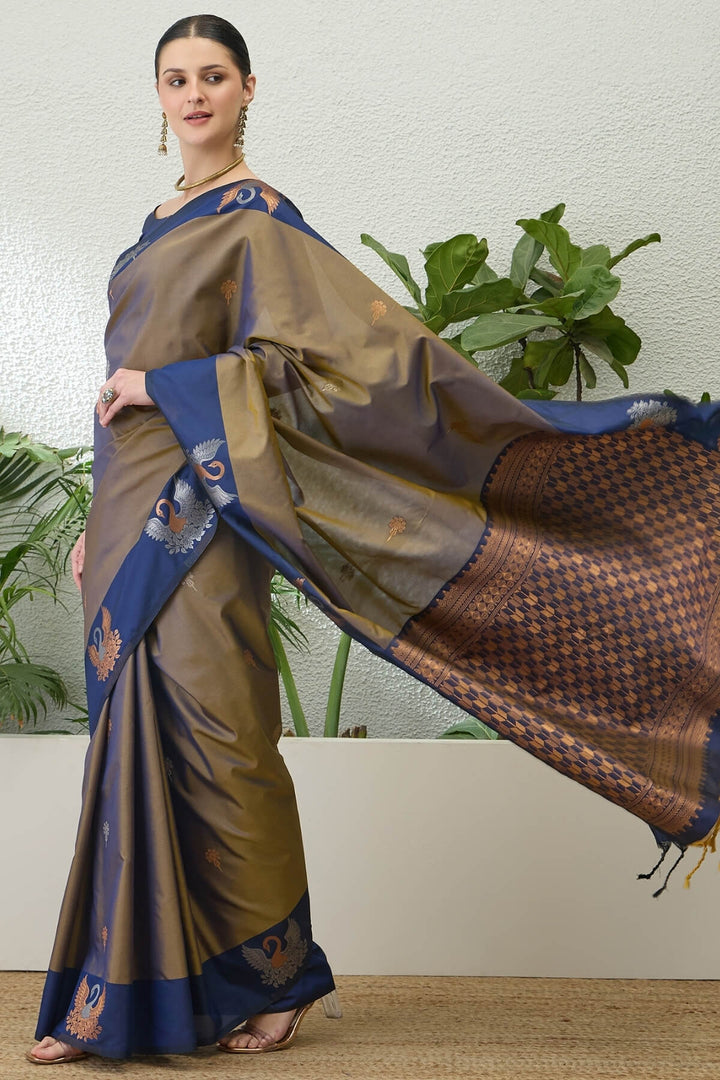 Brownish Grey Handloom Banarasi Silk Saree