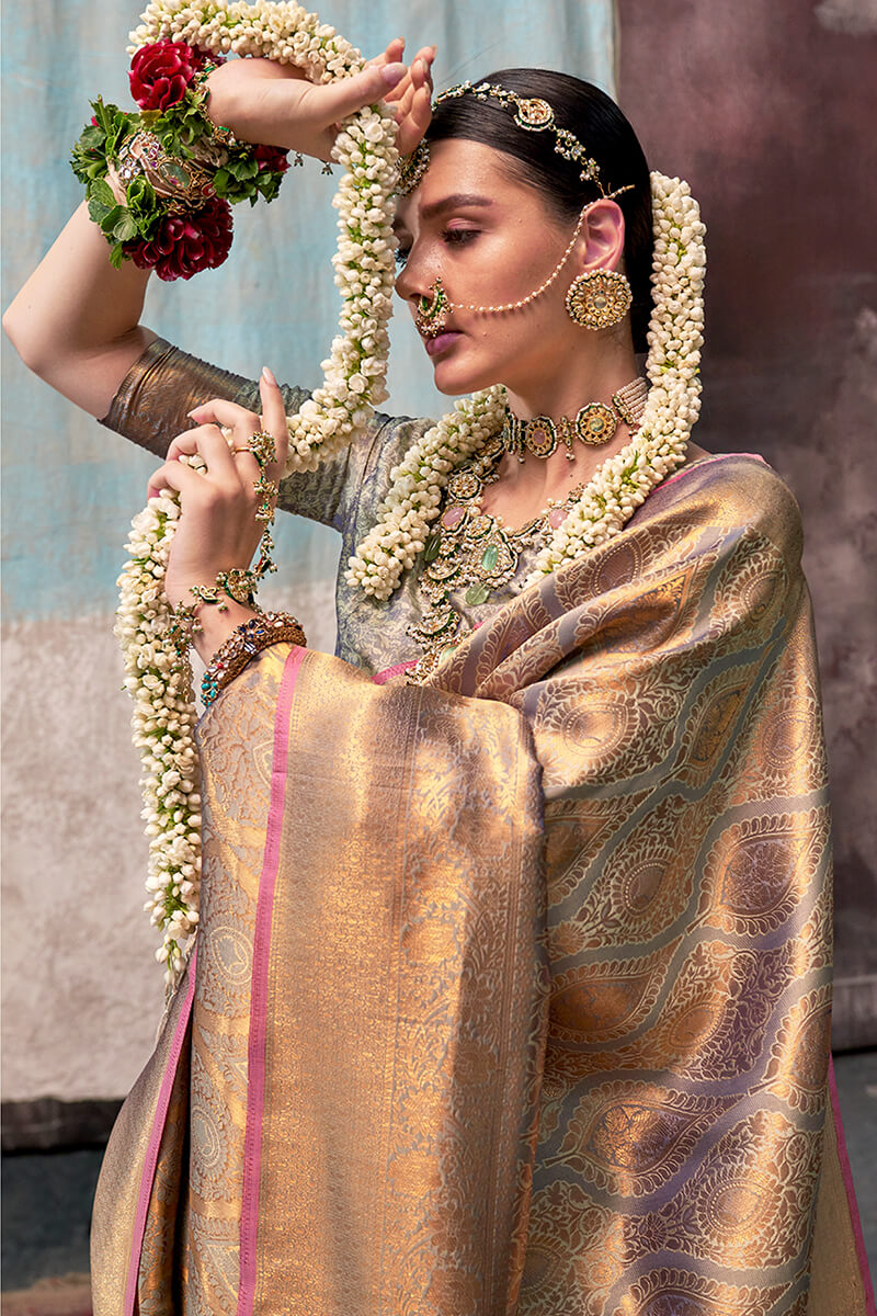 Brownish Grey Kanjivaram Handloom Silk Saree