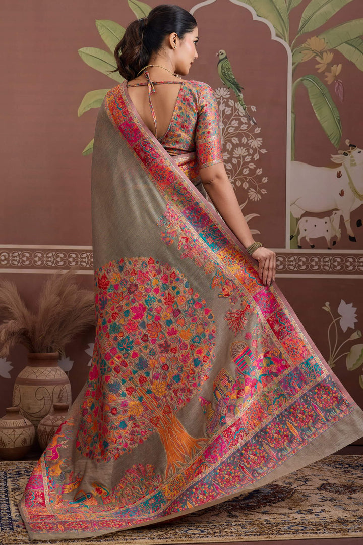 Brownish Grey Kashmiri Modal Pashmina Silk Saree