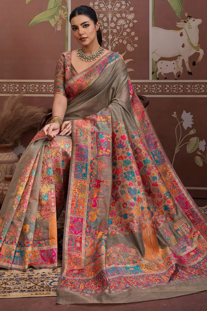 Brownish Grey Kashmiri Modal Pashmina Silk Saree