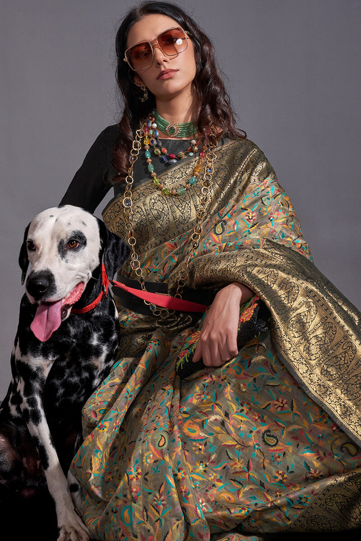 Brownish Grey Kashmiri Modal Silk Saree