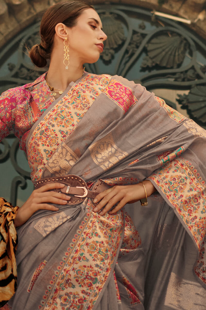 Brownish Grey Kashmiri Weaving Pashmina Silk Saree