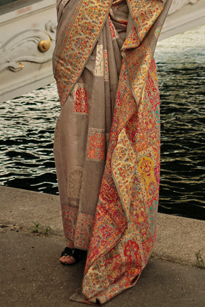 Brownish Grey Kashmiri Weaving Pashmina Silk Saree