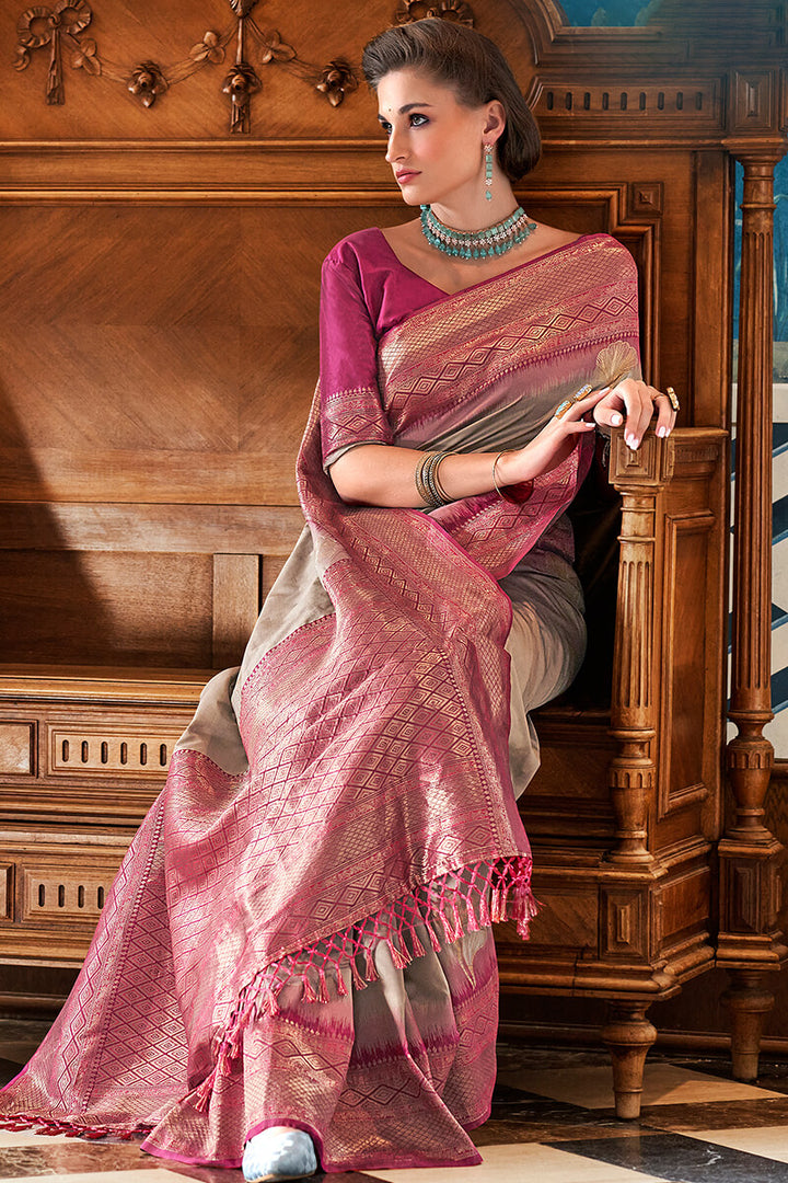 Brownish Grey Soft Banarasi Silk Saree