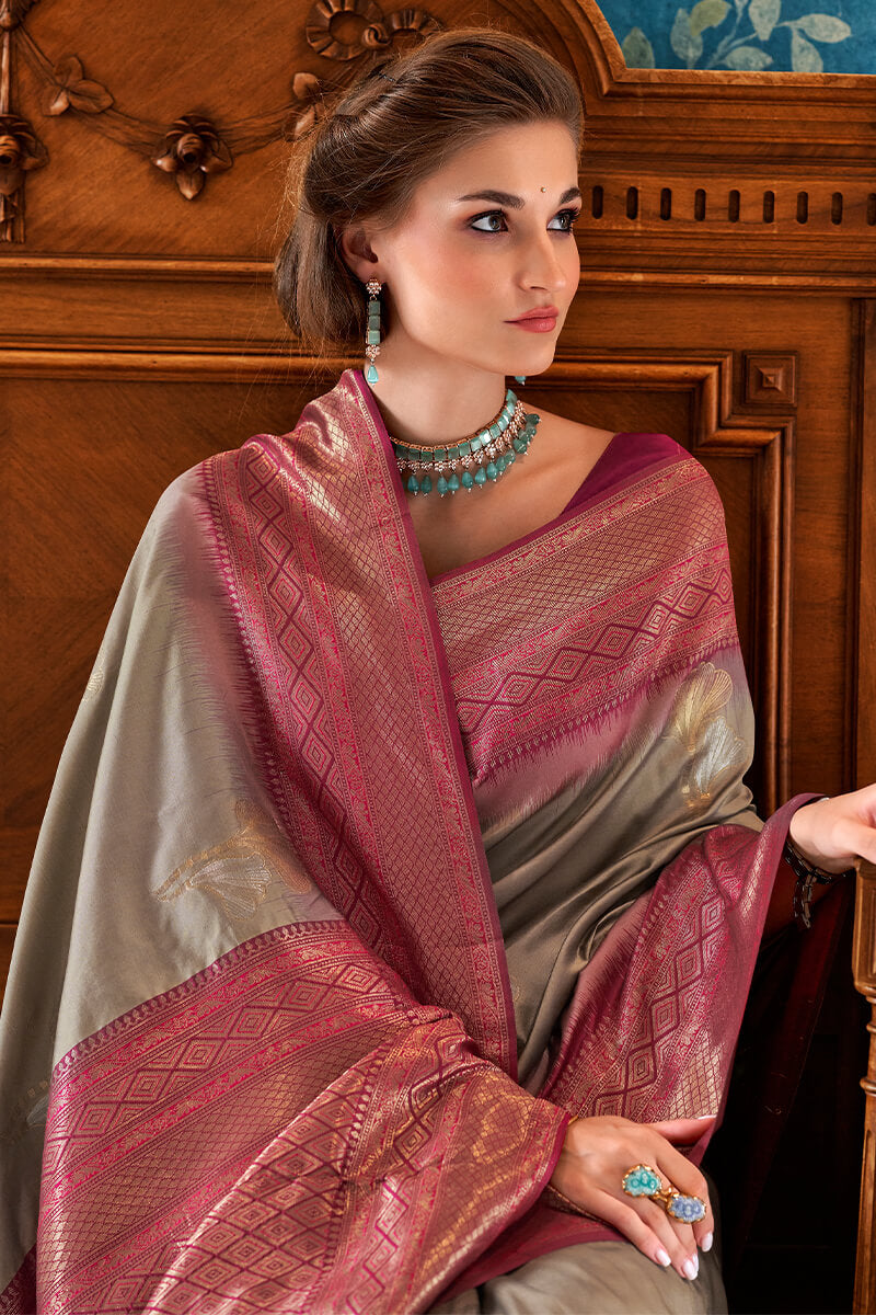 Brownish Grey Soft Banarasi Silk Saree