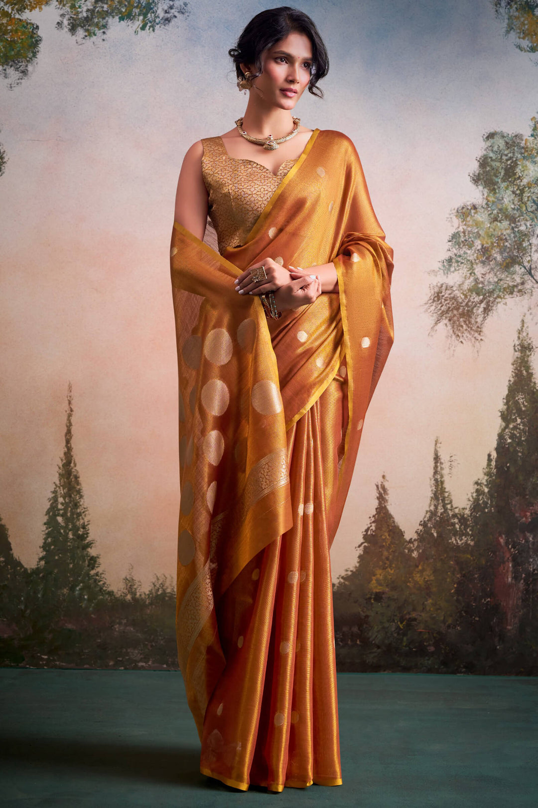 Brownish Orange Banarasi Tissue Silk Saree