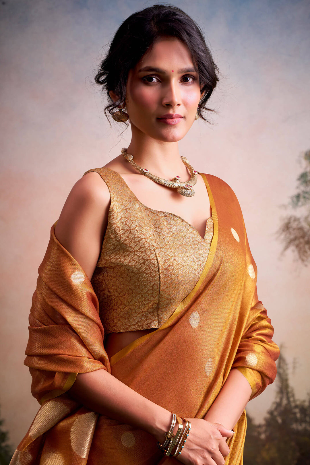 Brownish Orange Banarasi Tissue Silk Saree