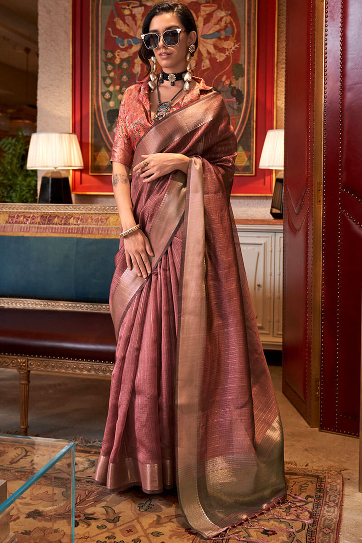 Brownish Pink Hand Woven Moss Chiffon Silk Saree