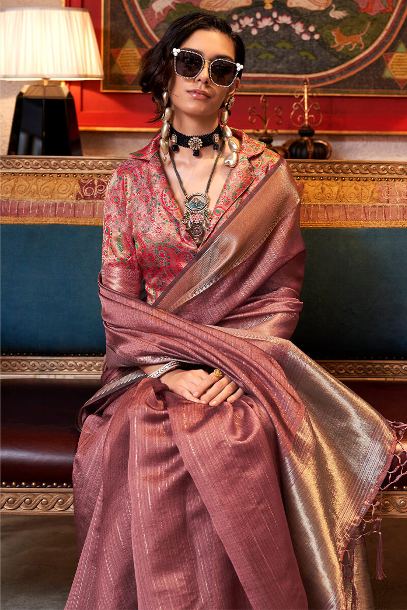 Brownish Pink Hand Woven Moss Chiffon Silk Saree