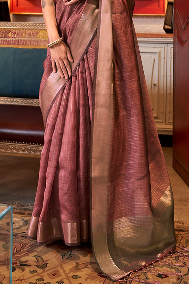 Brownish Pink Hand Woven Moss Chiffon Silk Saree