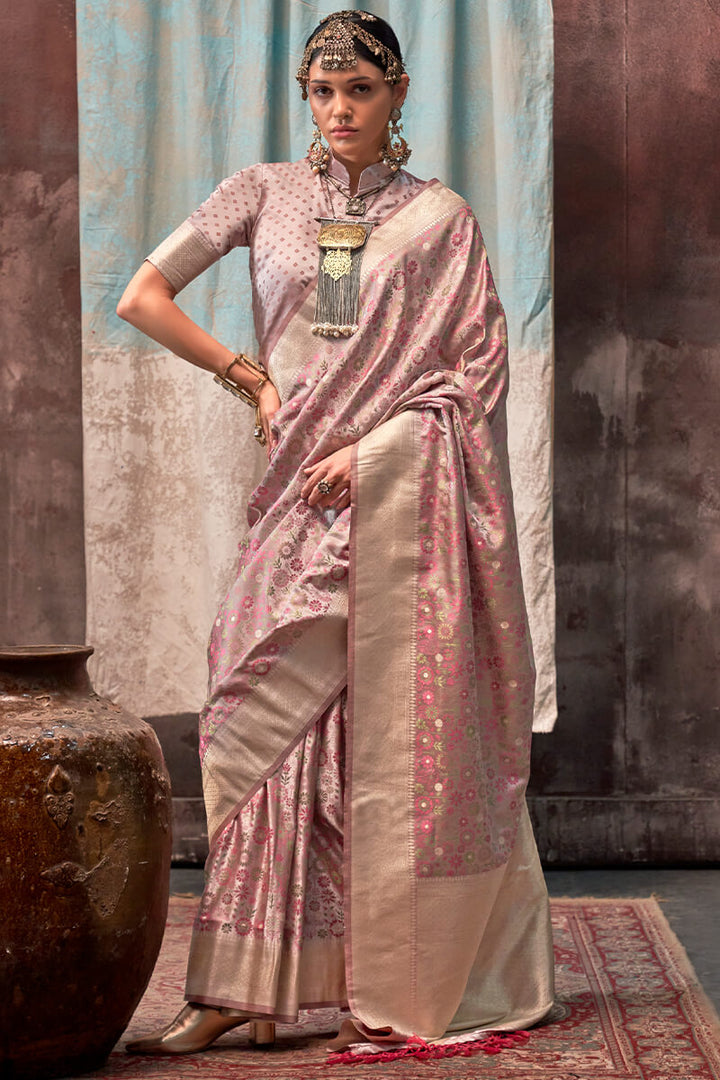 Brownish Pink Handloom Banarasi Satin Silk Saree